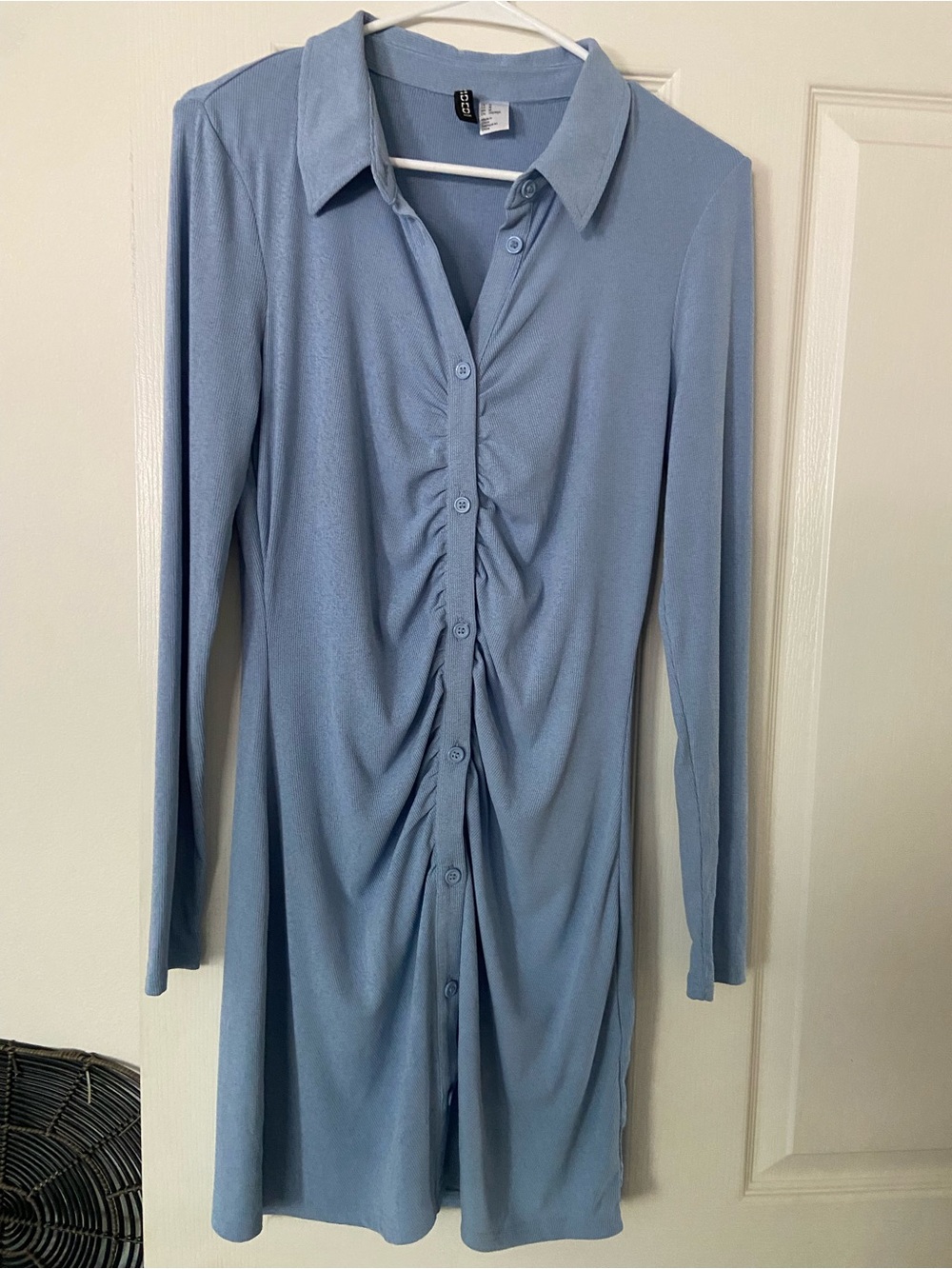 H&M Light Blue Long-Sleeve Ruched Button-Front Dress